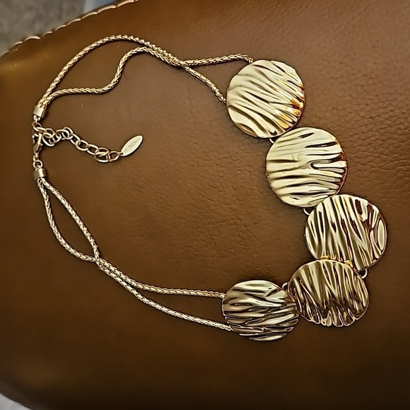 ST. THOMAS Goldtone Circle Textured Disc Double Chain Necklace - Picture 2 of 6